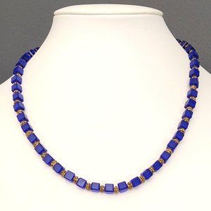 Blue glass cube necklace with gold accents